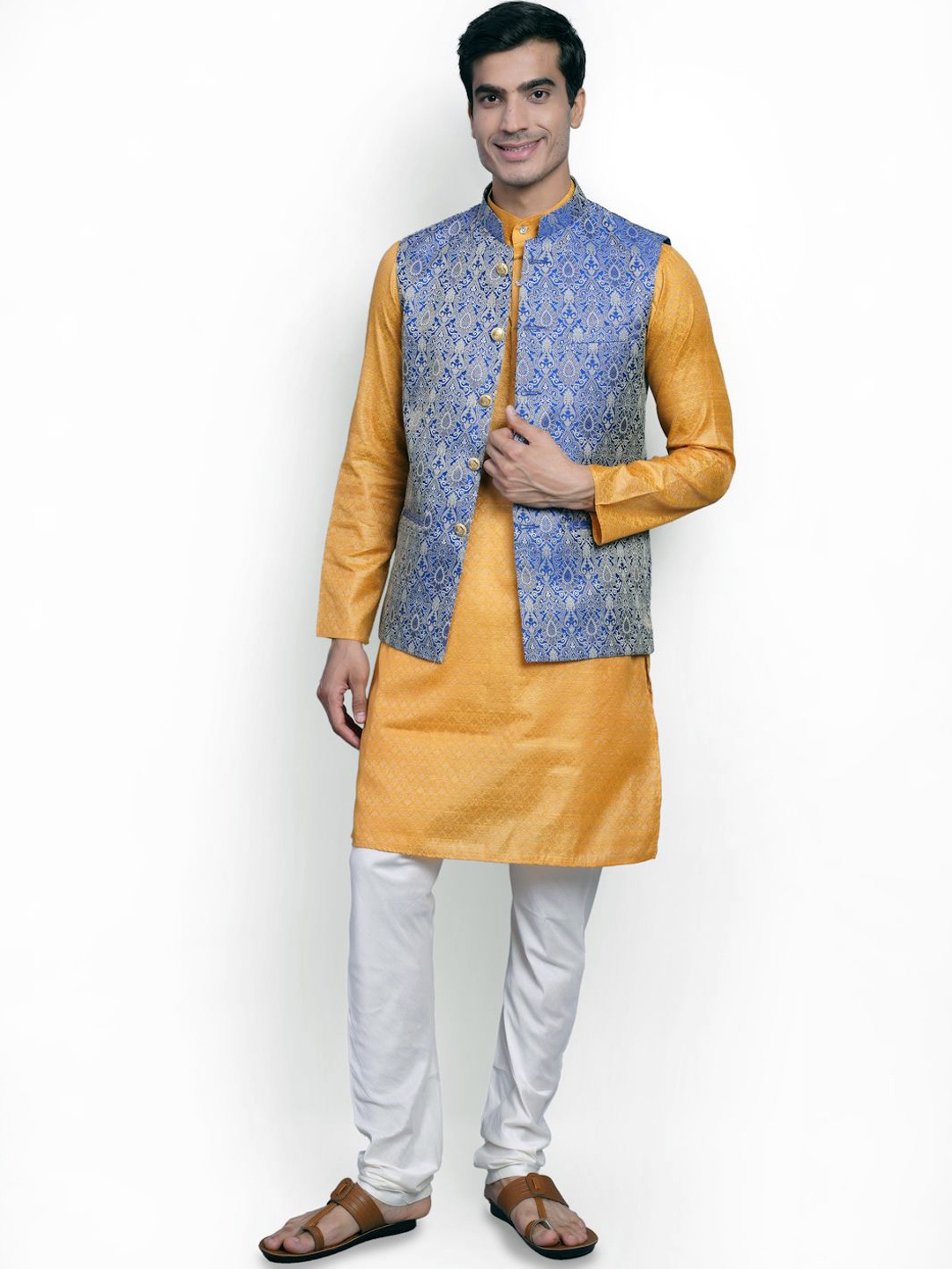

Wintage Floral Woven Design Mandarin Collar Straight Kurta with Pyjamas & Nehru Jacket, Orange