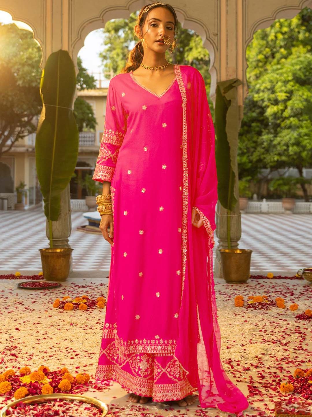 

FASHOR Floral Embroidered Kurta with Palazzos & Dupatta, Pink