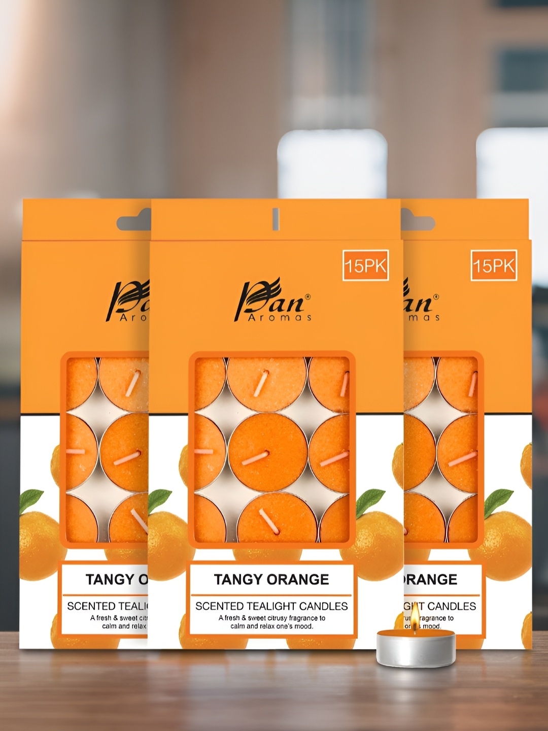 

Pan Aromas Orange & White 3 Pieces Tangy Orange Scented Tea Light Candle