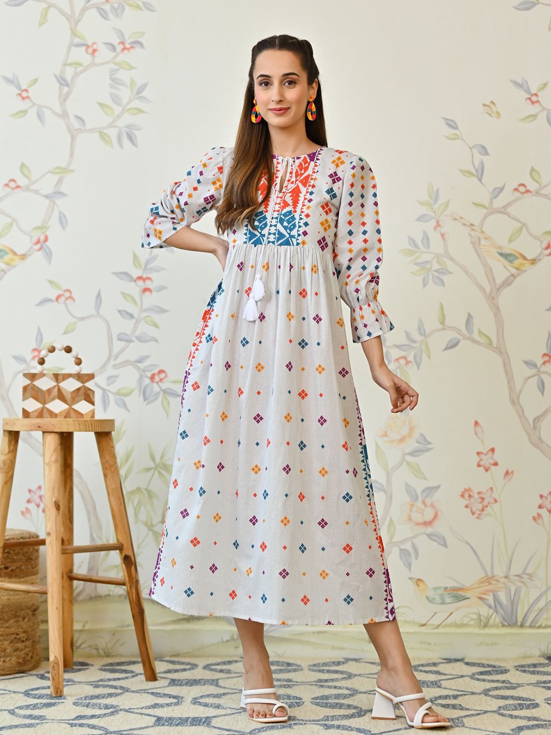 

Rustorange Women Ethnic Motif Print Round Neck A-Line Cotton Midi Dress, Off white