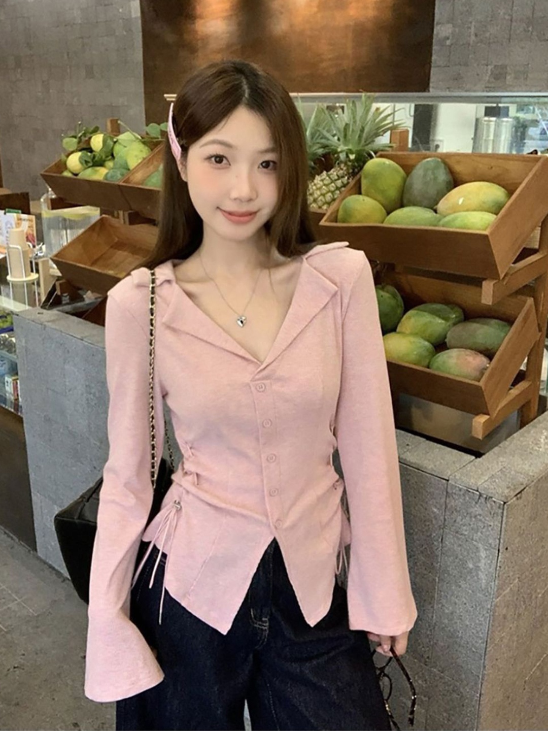 

StyleCast x Revolte Women Mandarin Collar Long Sleeves Top, Pink