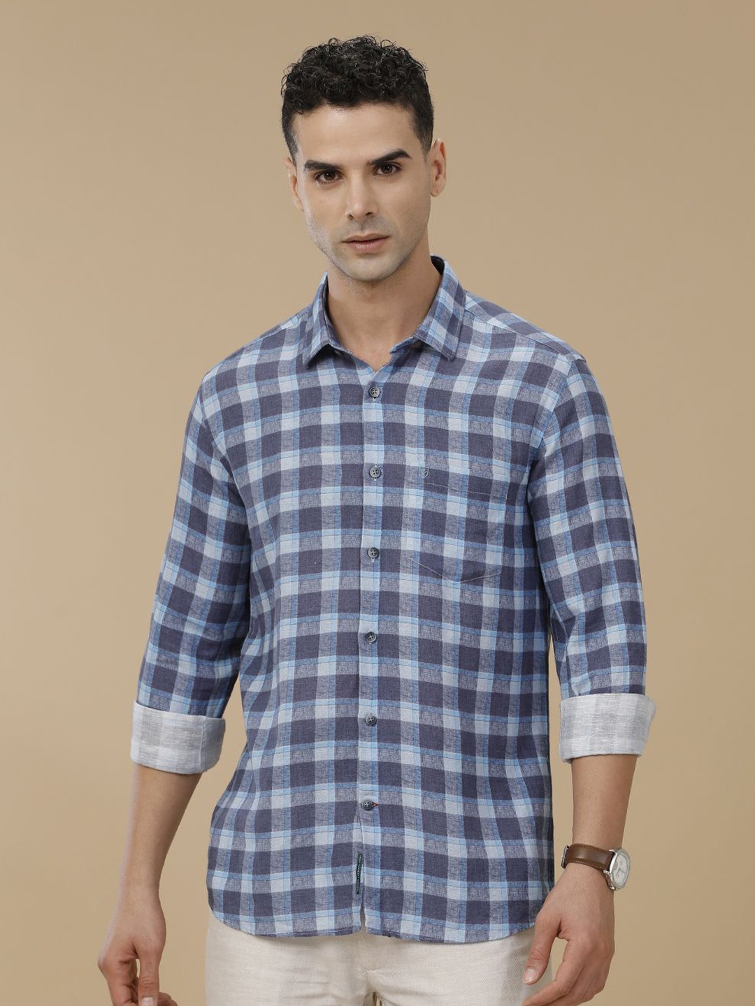 

Linen Club Contemporary Slim Fit Checked Linen Cotton Casual Shirt, Blue