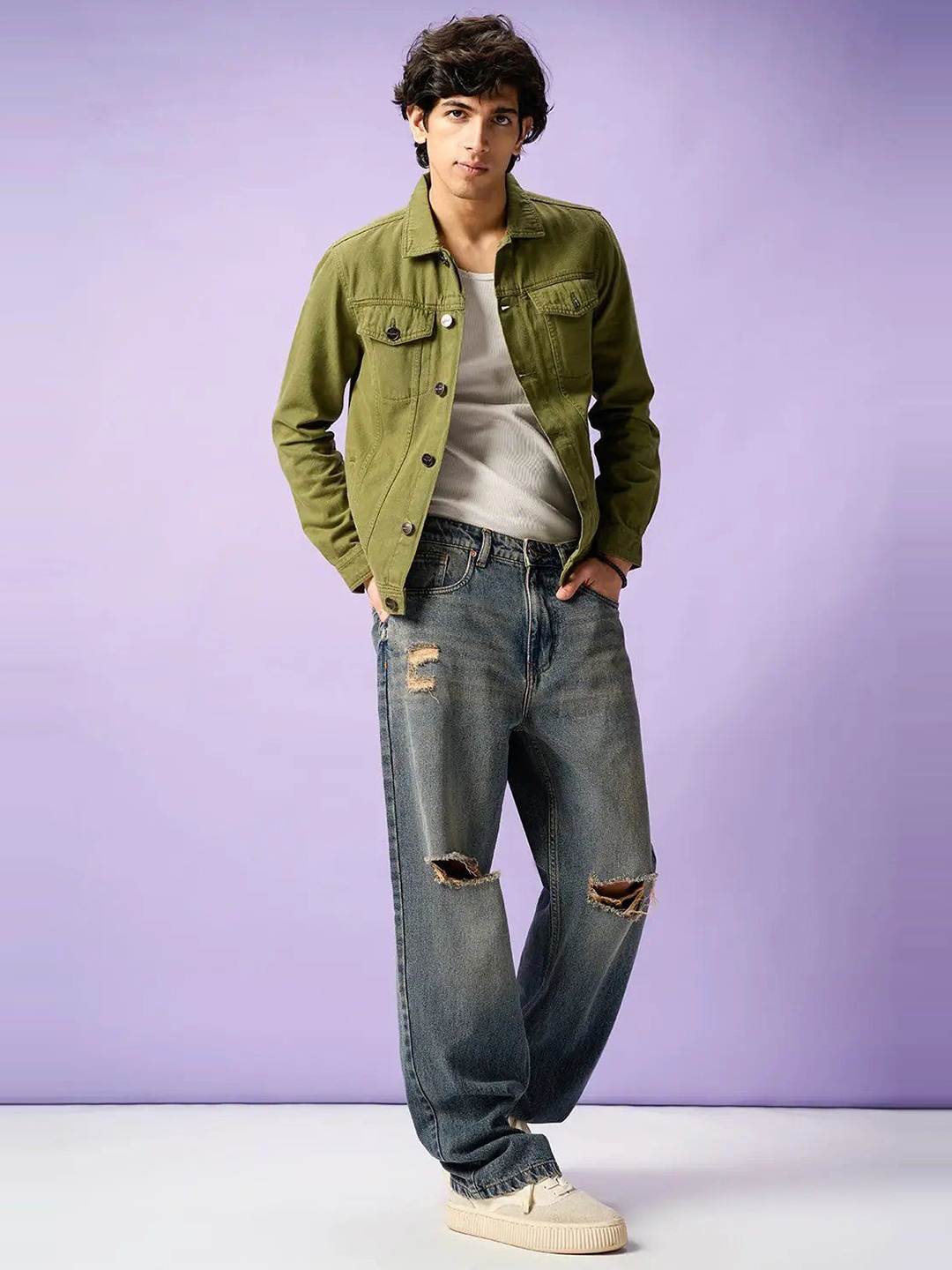 

FREAKINS Men Denim Jacket with Patchwork, Green
