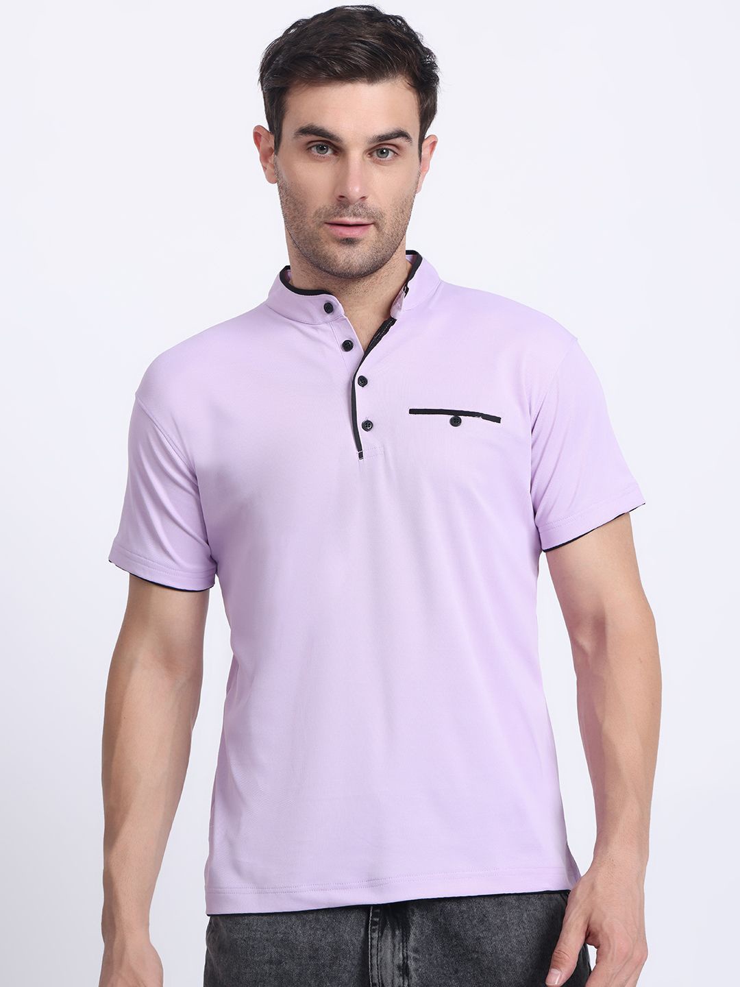

N AND J Men Solid Mandarin Collar Polo T-shirt, Lavender