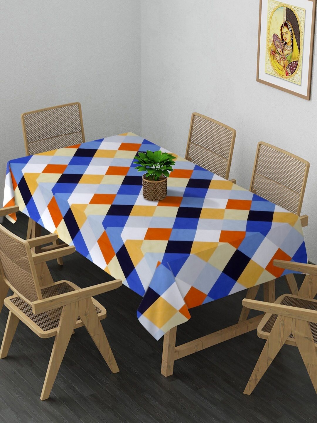 

Arrabi Blue & White Geometric Printed 8-Seater Table Cover