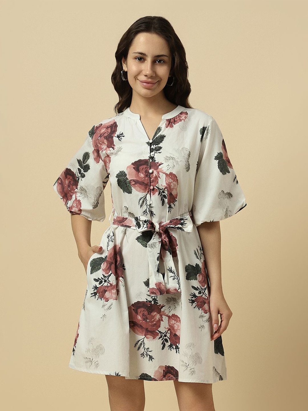 

Allen Solly Woman Floral Print Flared Sleeve Fit & Flare Dress, White