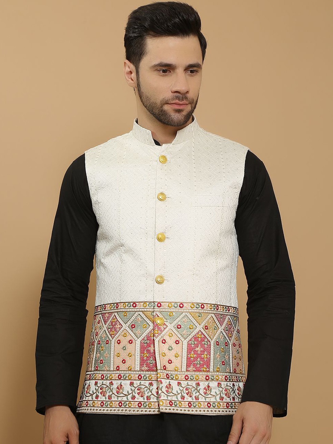 

Wintage Mandarin Collar Cotton Silk Straight Kurta with Pyjamas & Nehru Jacket, Black