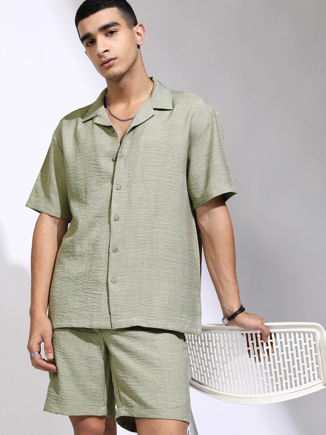 

HIGHLANDER Textured Self Design Cuban Collar Relaxed Fit Shirt With Shorts, Olive