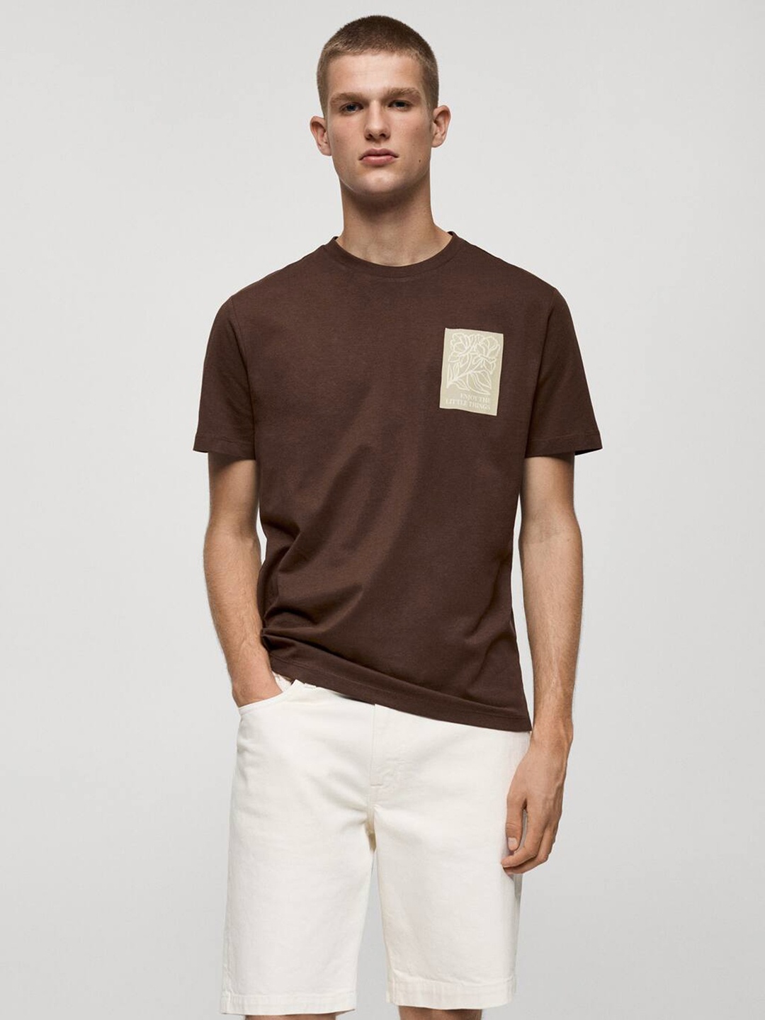 

MANGO MAN Men Printed Pure Cotton T-shirt, Brown