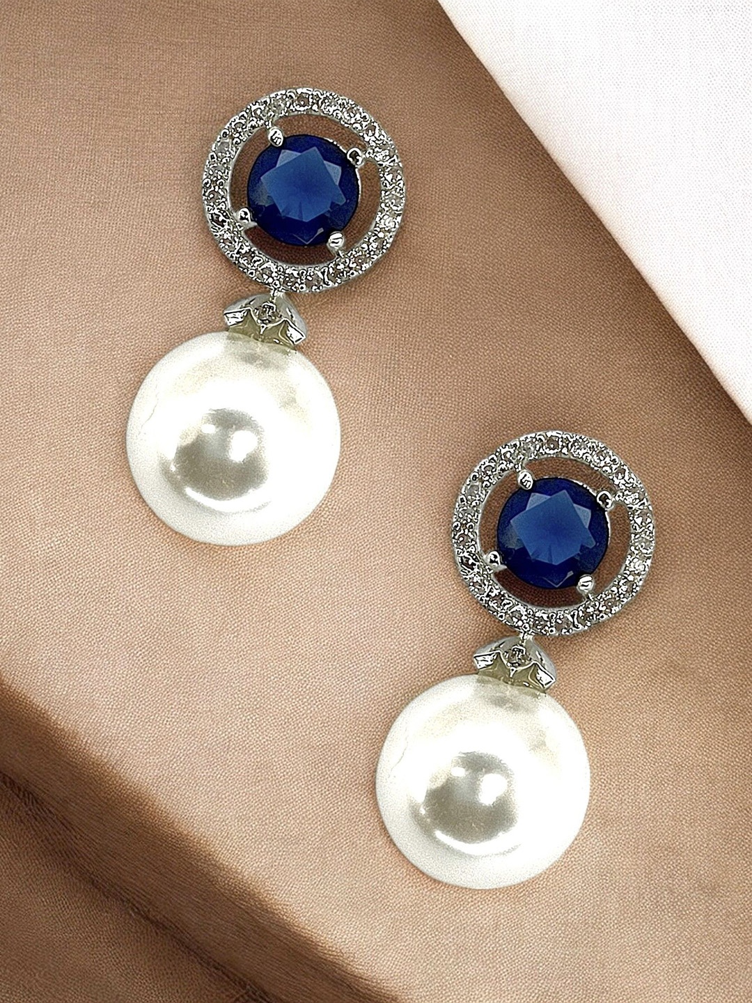 

FEMMIBELLA Silver-Plated Circular American Diamond Drop Earrings, Blue