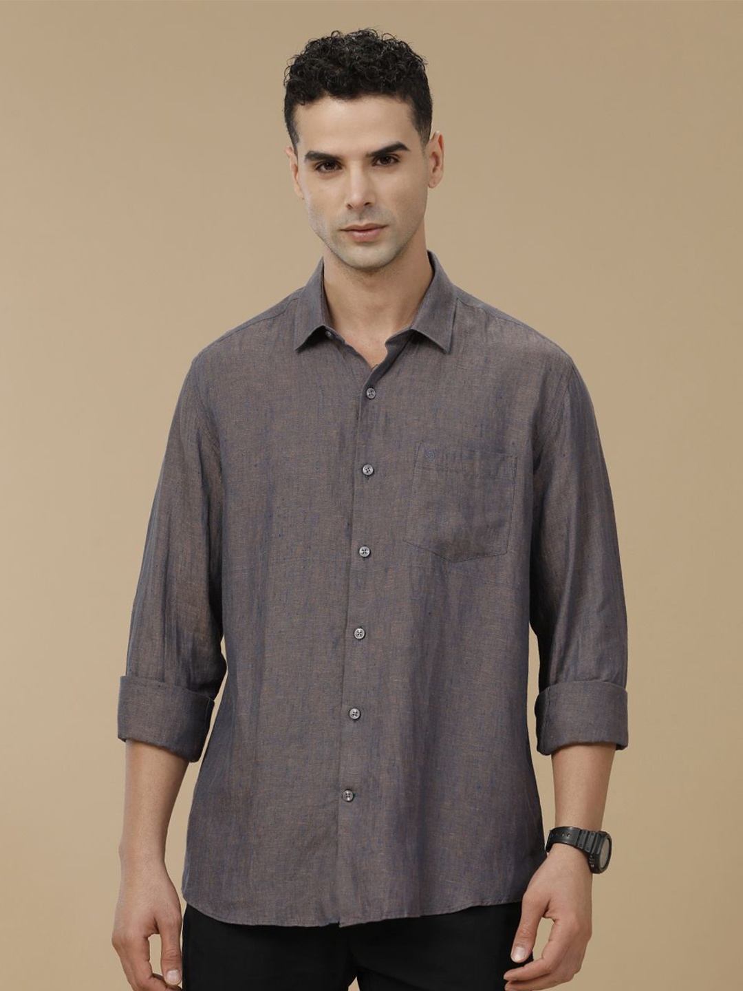 

Linen Club Contemporary Slim Fit Spread Collar Pure Linen Casual Shirt, Blue