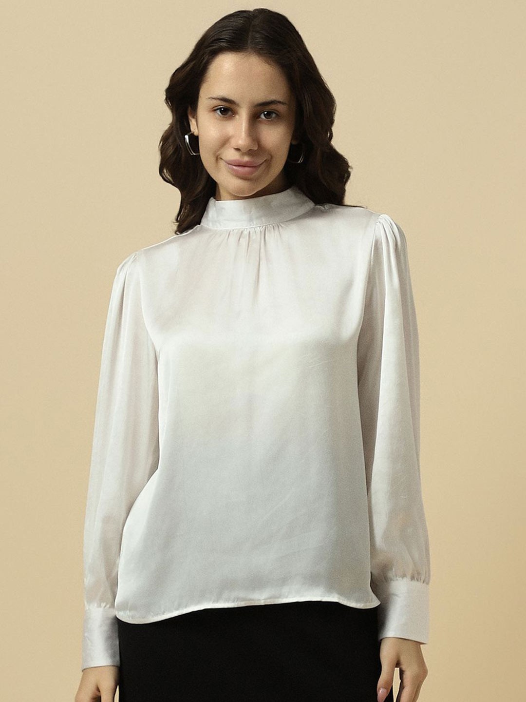 

Allen Solly Woman High Neck Cuffed Sleeves Top, White