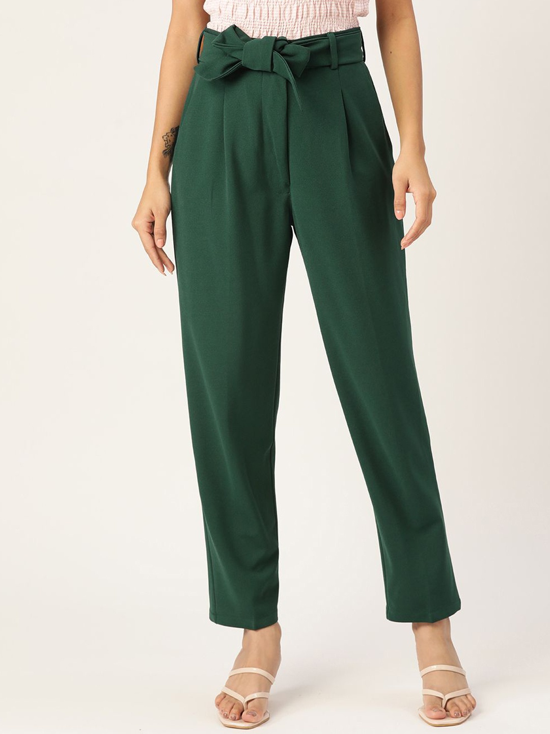

Zastraa Women Smart Tapered Fit High-Rise Pleated Peg Trousers, Green
