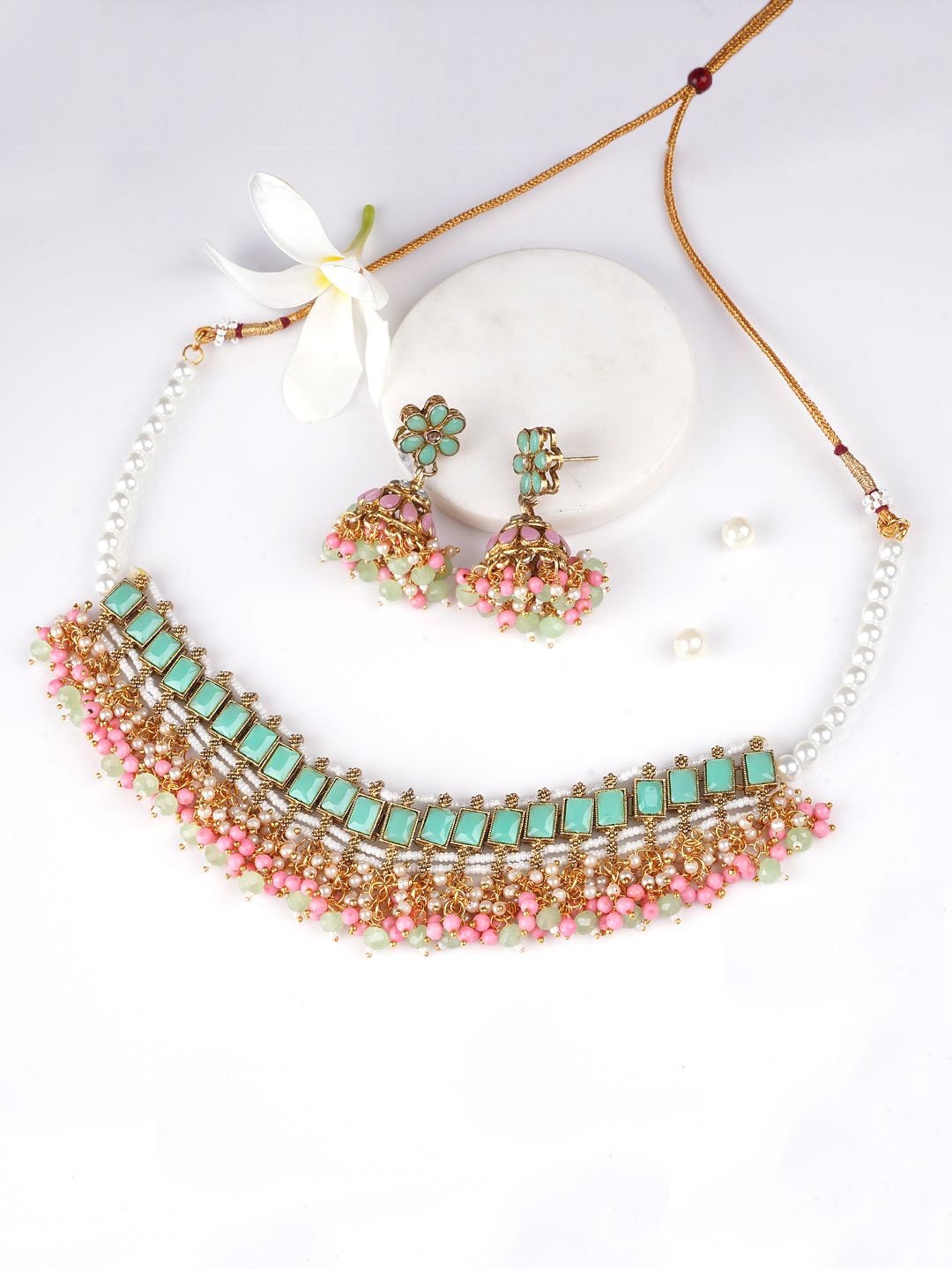 

Adwitiya Collection Gold-Plated Pearls Beaded Jewellery Set