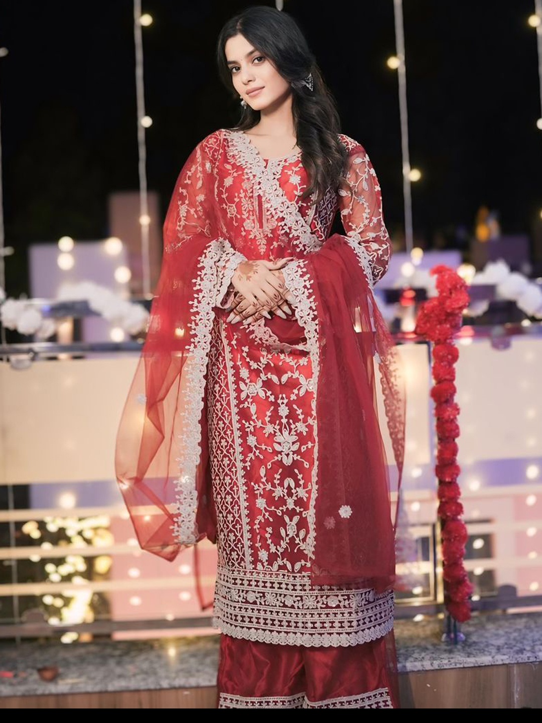 

MAHALASA Round Neck Floral Embroidered Zari Kurta with Palazzos & Dupatta, Red