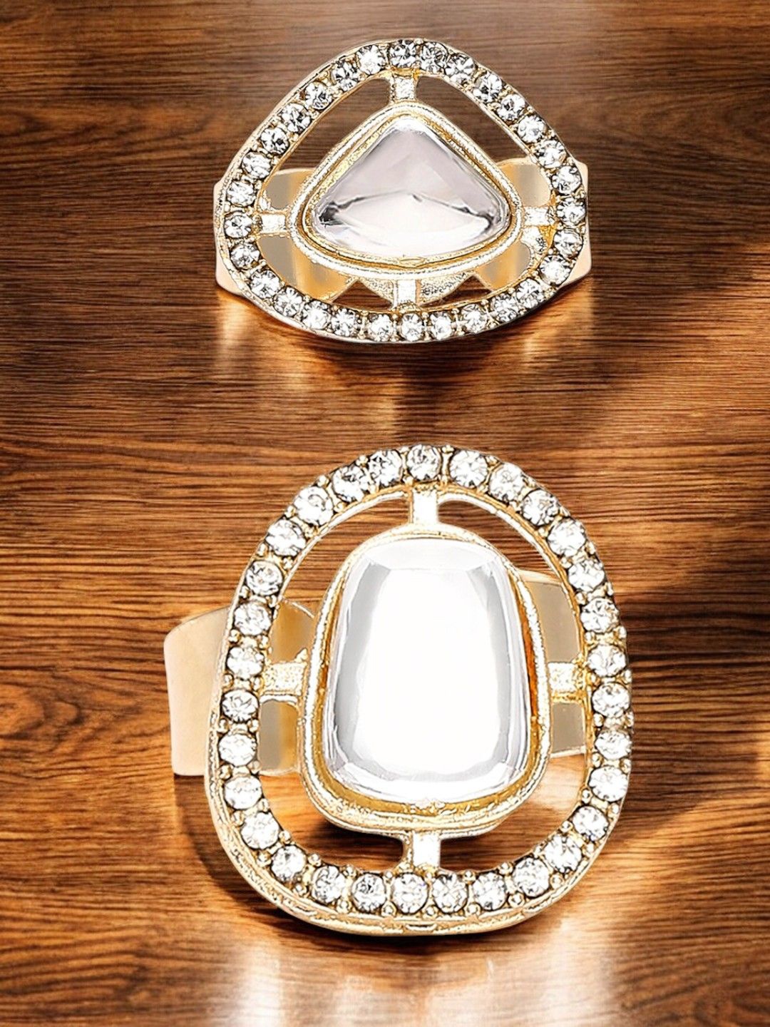 

OOMPH Set Of 2 Kundan Stone Studded Jadau Design Adjustable Finger Rings, Gold