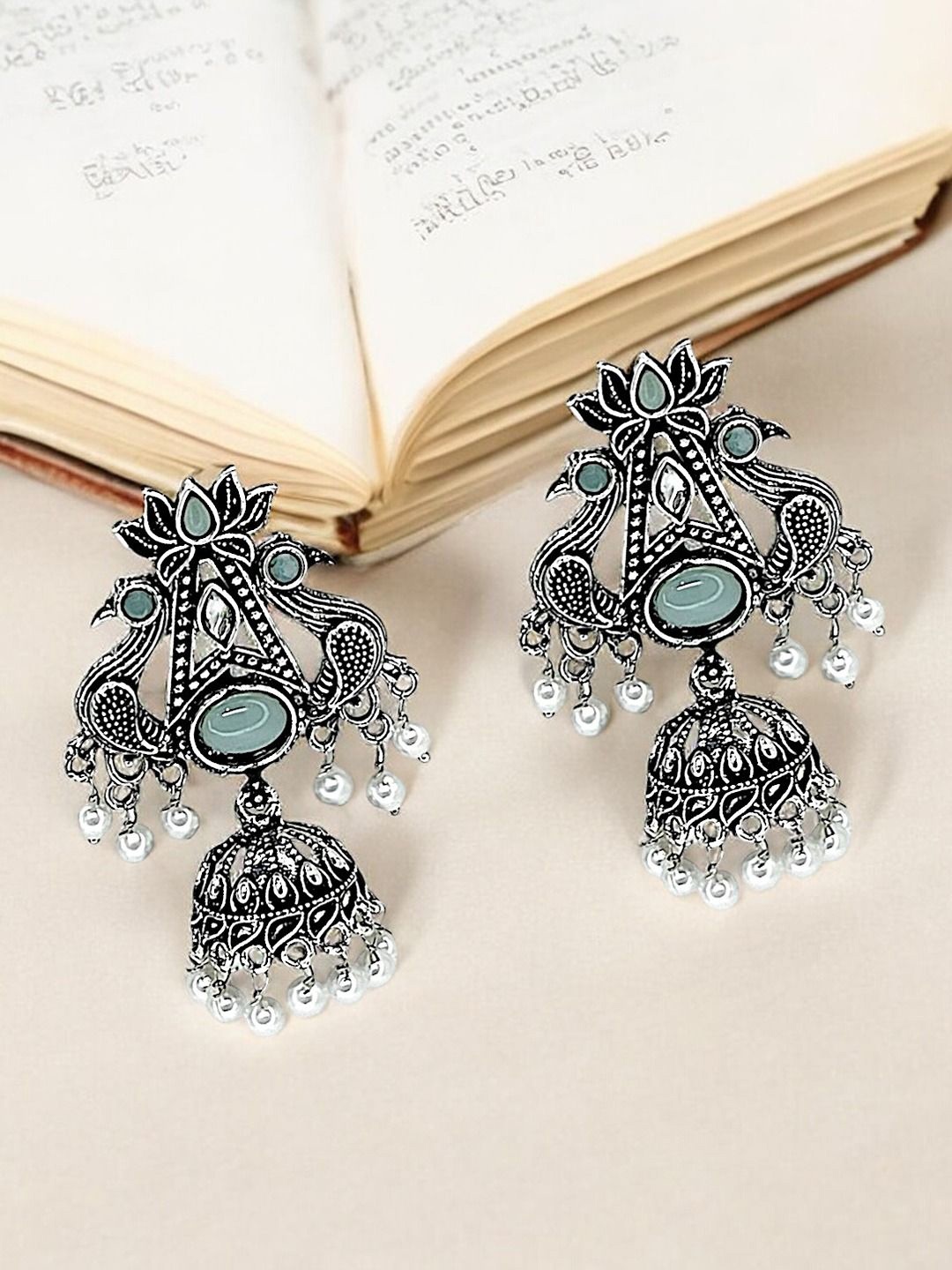 

FEMMIBELLA Silver-Plated Peacock Shaped Stone Studded & Beaded Oxidized Jhumkas