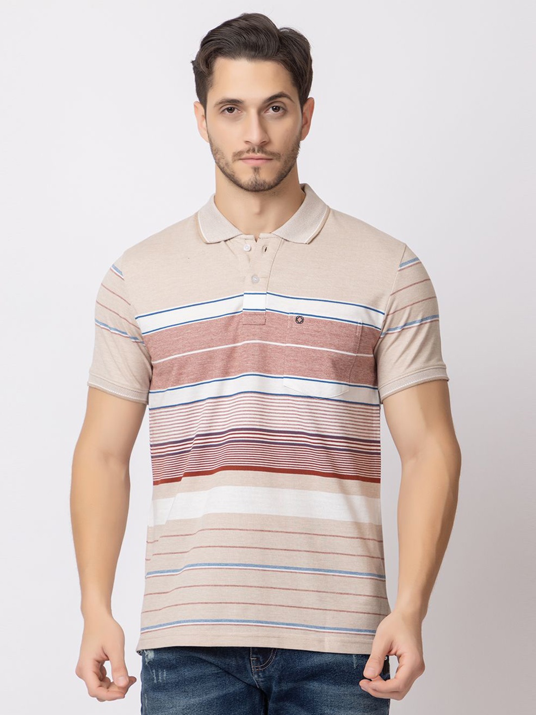 

ARIIX Men Striped Polo Collar Cotton T-shirt, Beige