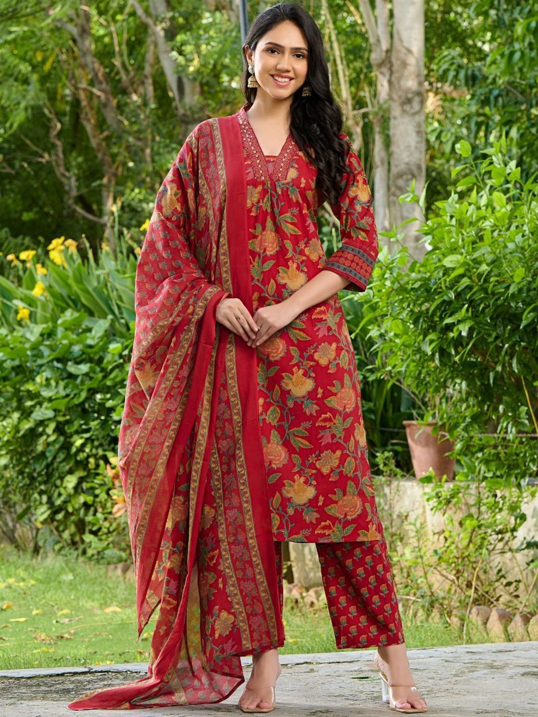 

PRETTY PALLU Floral Printed Pure Cotton Straight Kurta with Trousers & Dupatta, Red