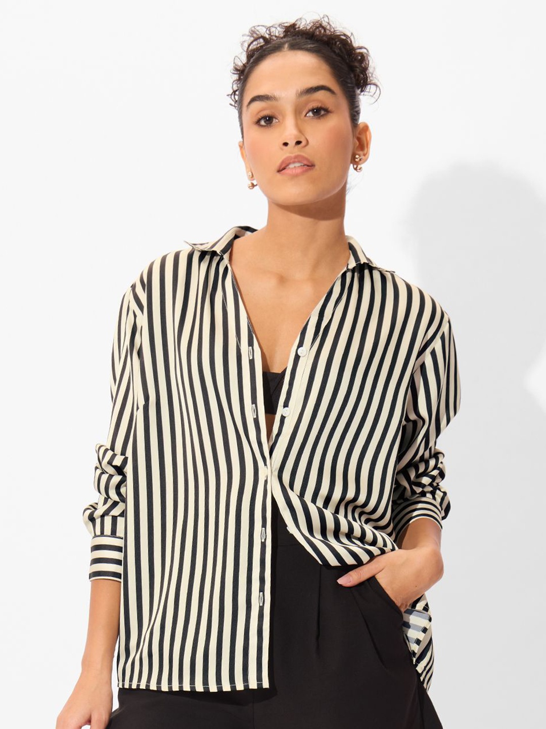 

The Souled Store Women Multi Stripes Opaque Striped Casual Shirt, Black