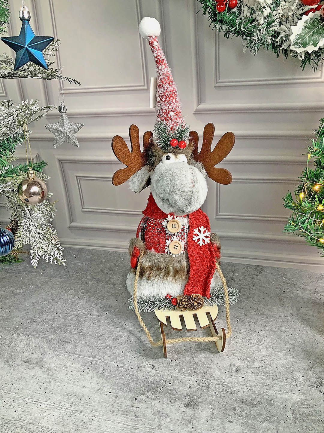 

Little Surprise Box LLP Grey & Red Deer on Snow Sledge Christmas Festive Decor