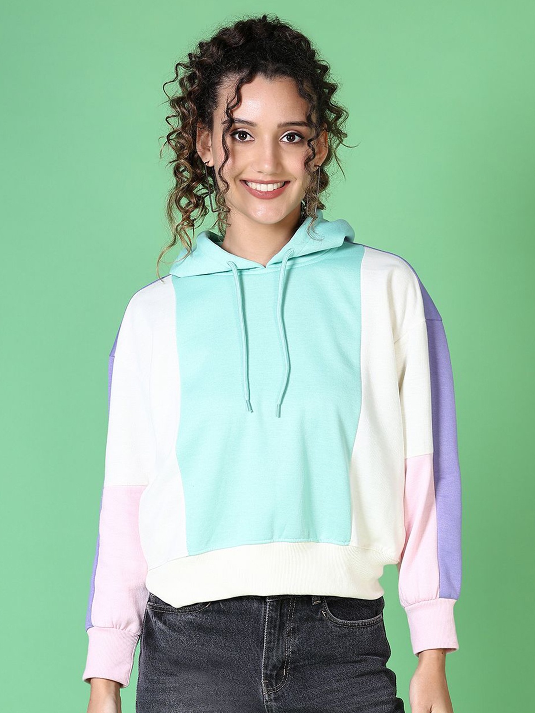 

V-Mart Women Colourblocked Hooded Sweatshirt, Off white