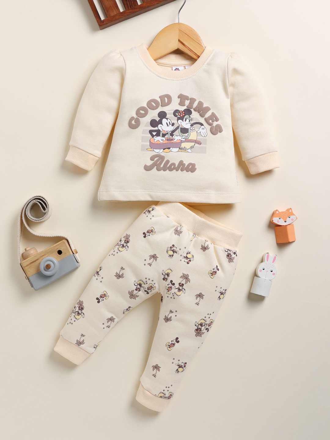 

Annie Girls Mickey Mouse Printed Pure Cotton Top With Trousers, Off white