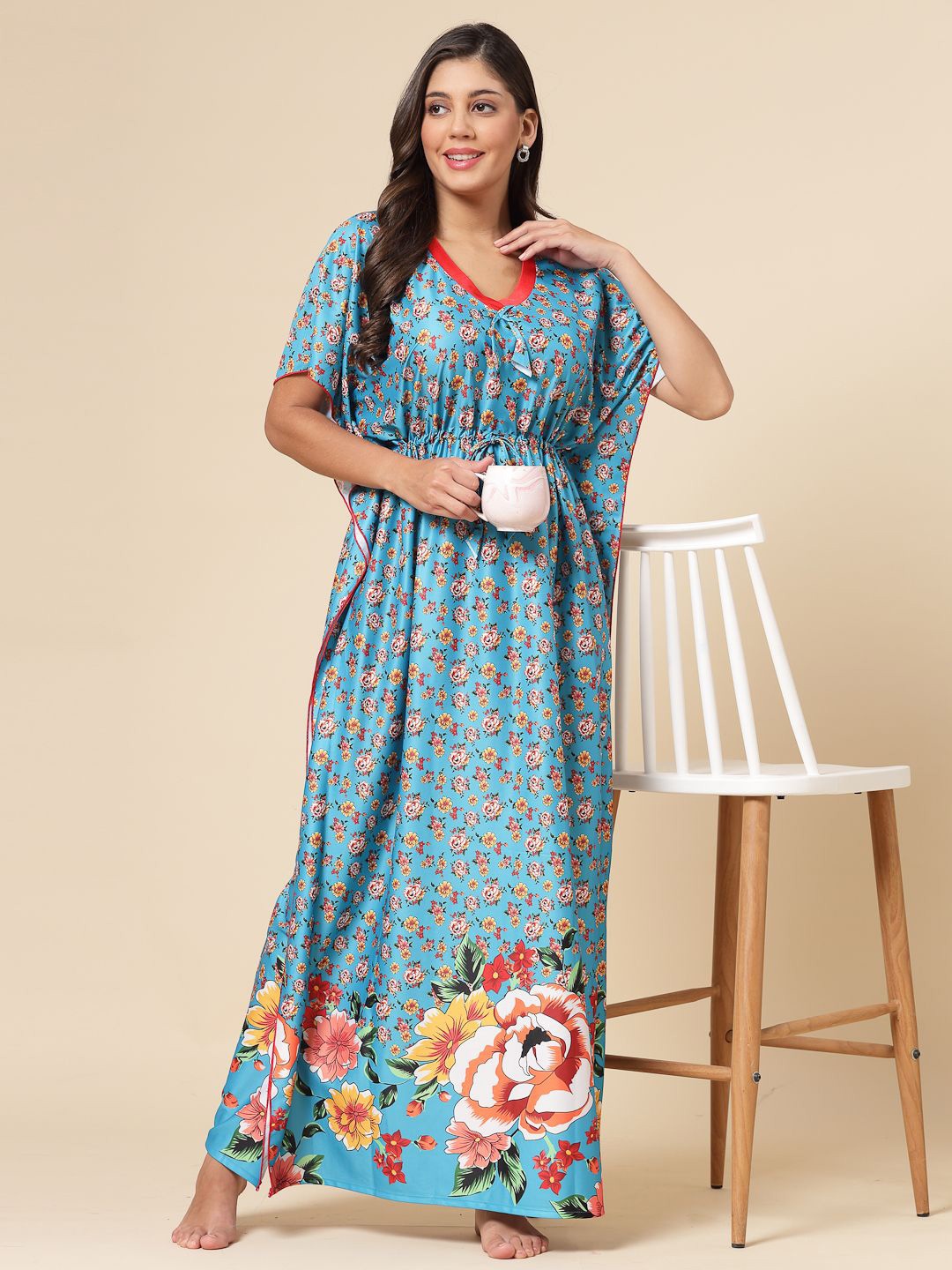 

CHUI MUI Women Printed Short Sleeves Maxi Nightdress, Blue
