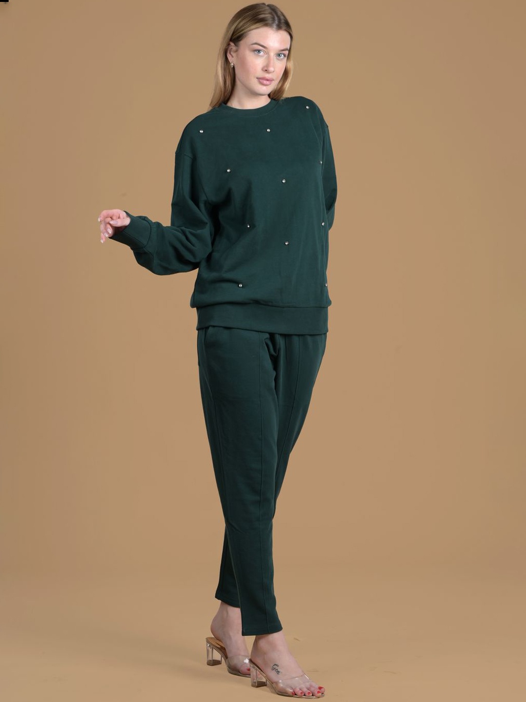 

Antimony Embellished Round Neck Sweatshirt with Trousers, Green