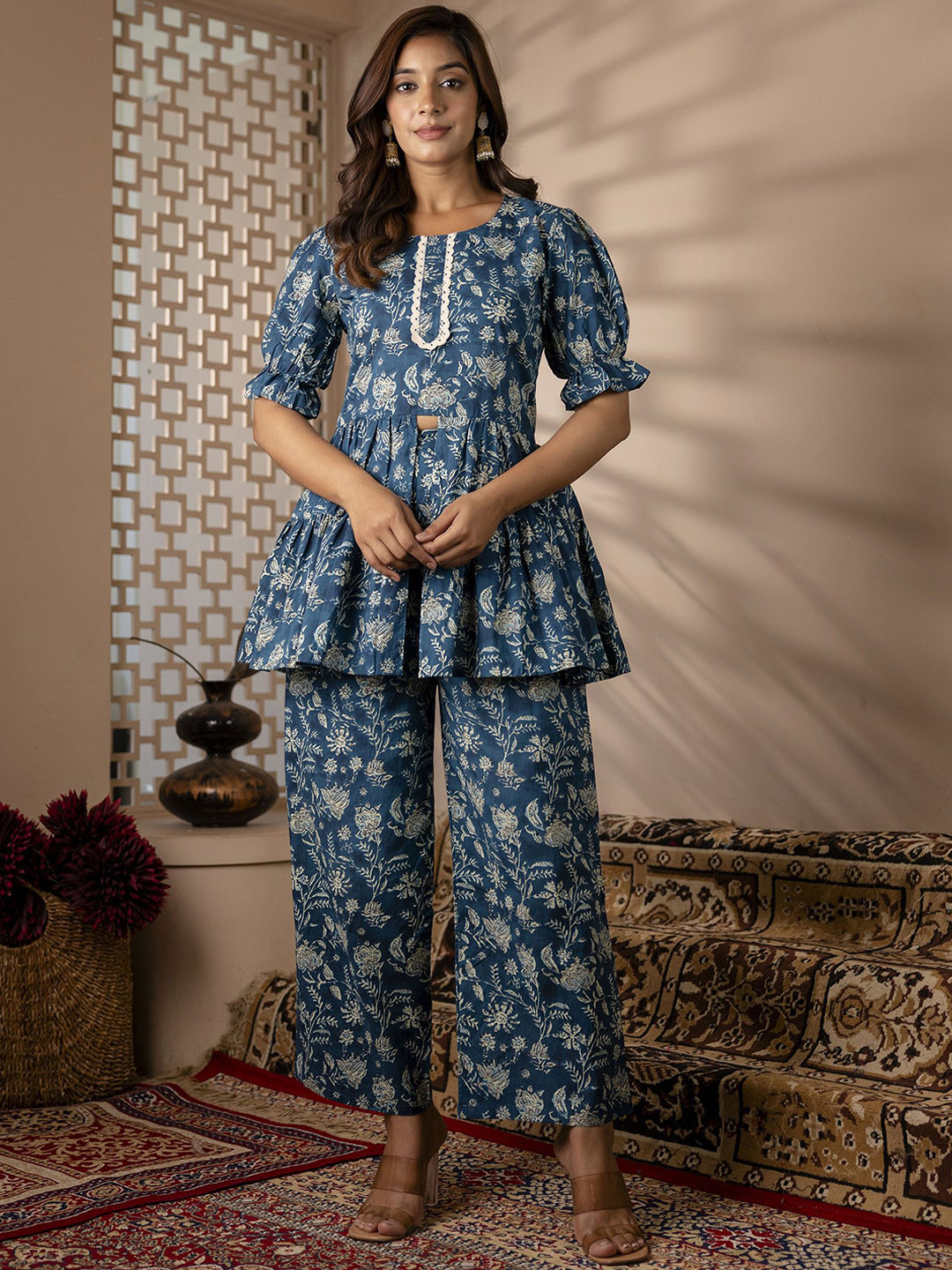

NISHABD Round Neck Printed Pure Cotton Top with Palazzo, Blue
