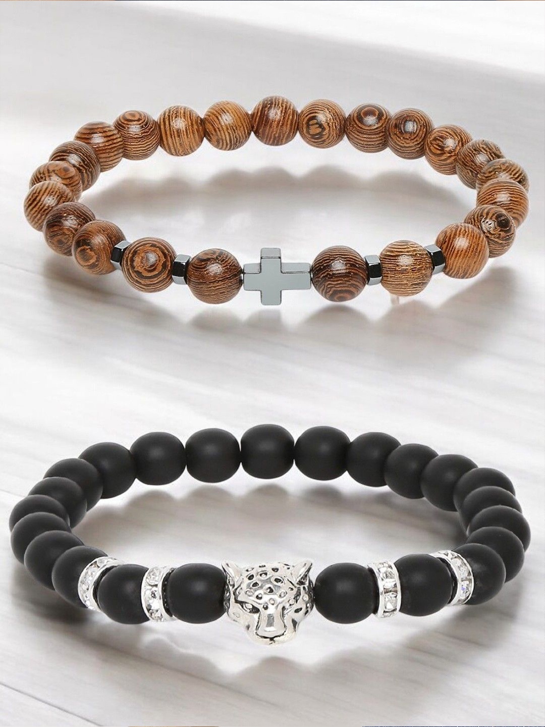 

OOMPH Men Set Of 2 Wood Wraparound Bracelet, Brown