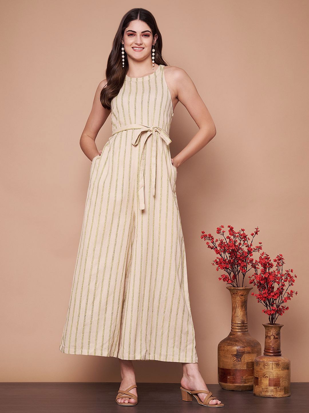 

Anouk Women Striped Cotton Basic Jumpsuit, Beige