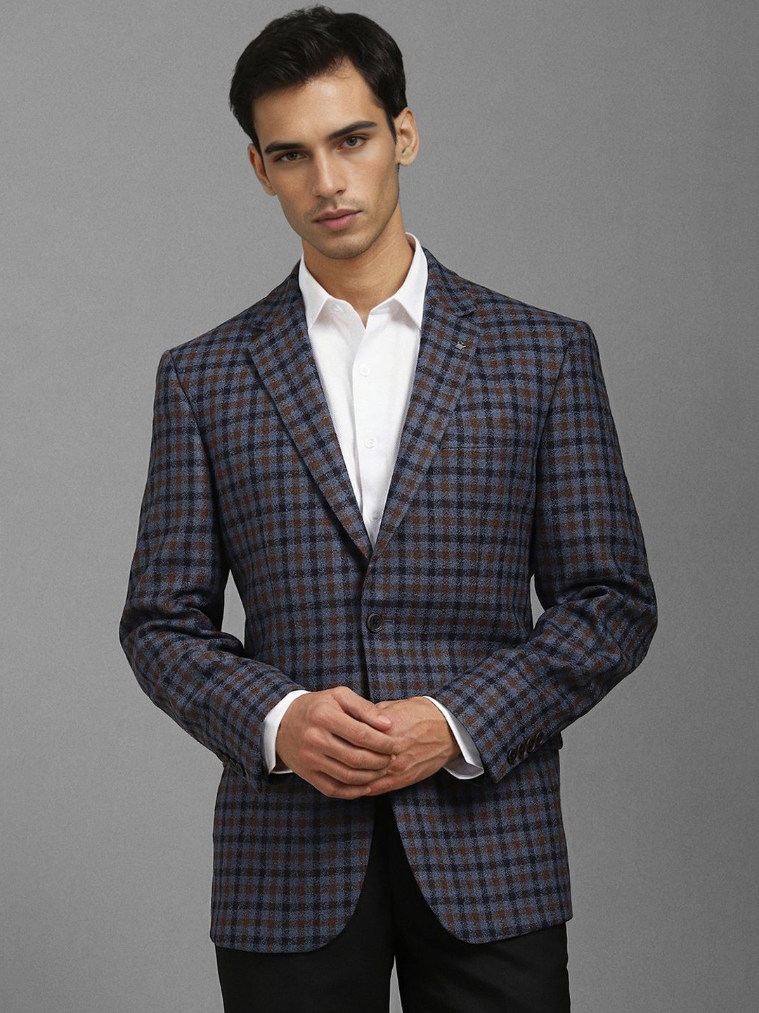 

Louis Philippe Checked Notched Lapel Single Breasted Woollen Formal Blazer, Blue