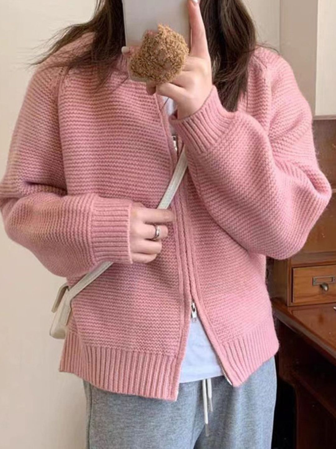 

StyleCast Women Self Design Round Neck Long Sleeves Front-Open Sweaters, Pink