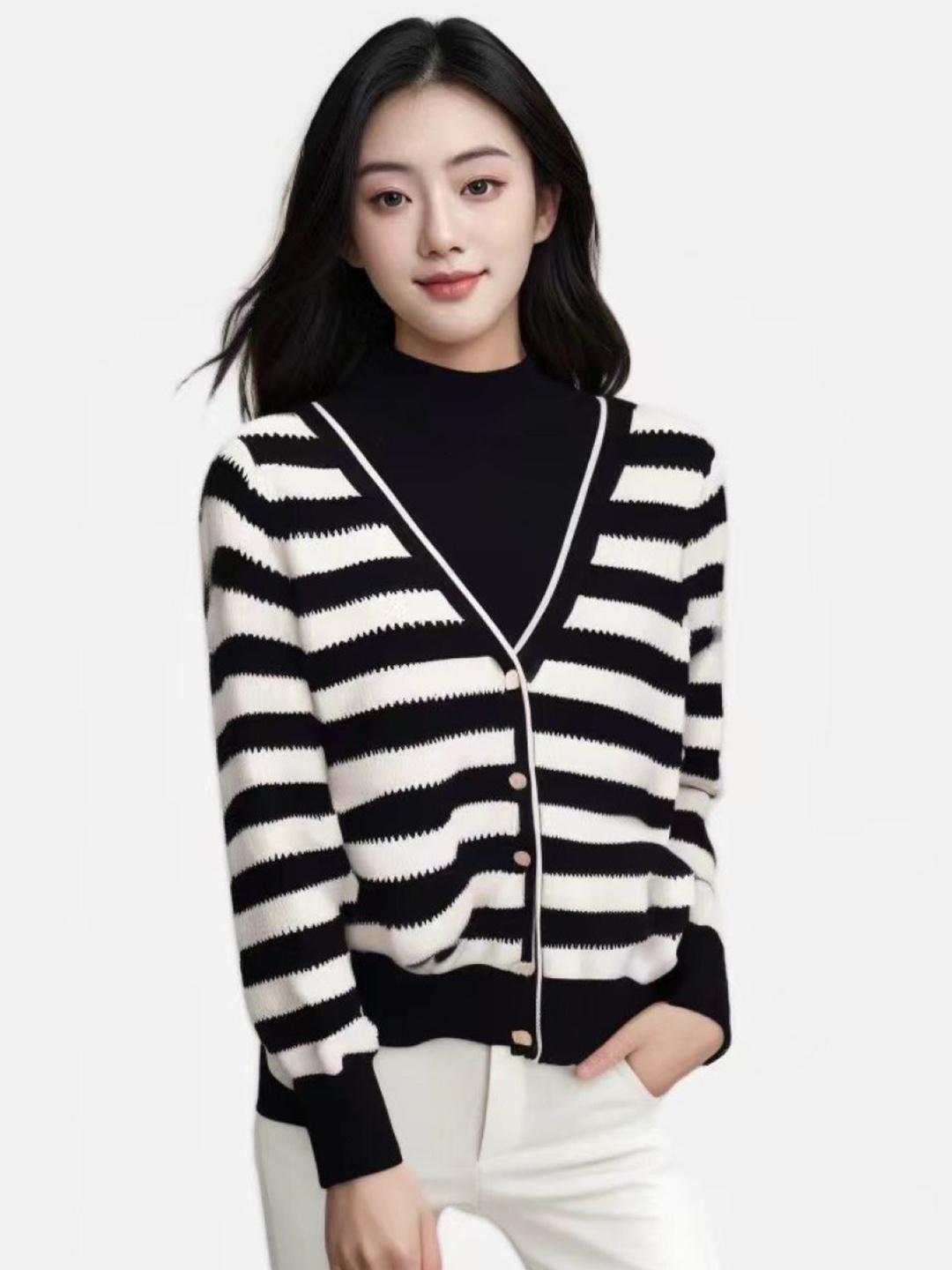 

StyleCast Women Striped V-Neck Long Sleeves Cardigan Sweaters, Black