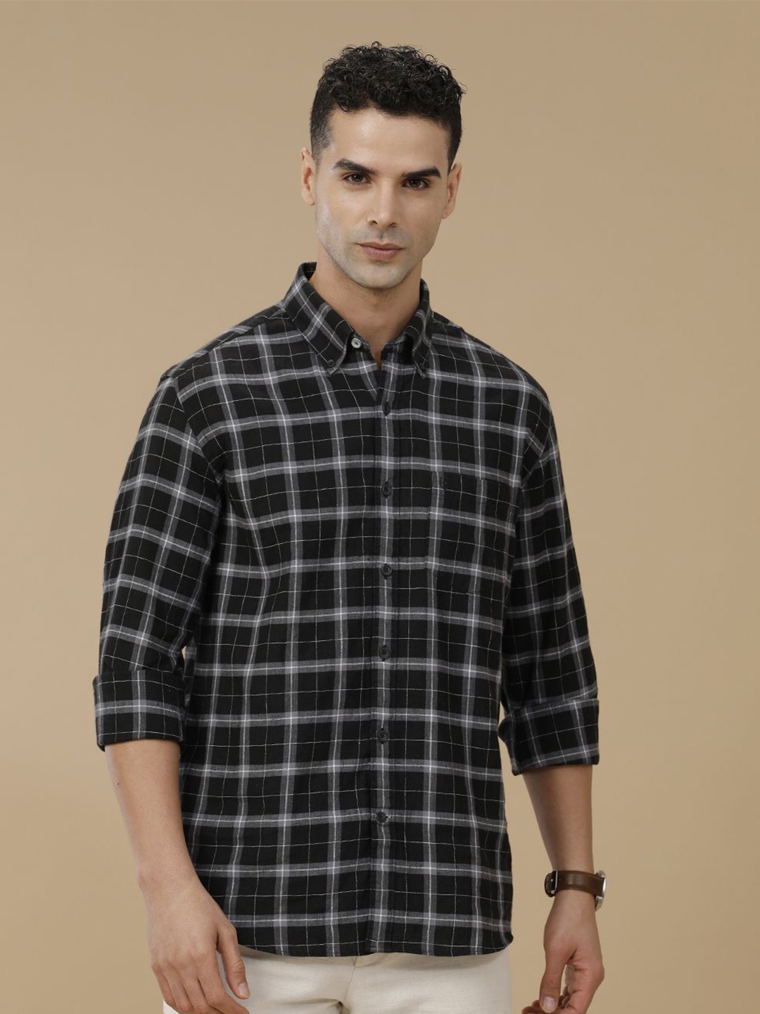 

Linen Club Contemporary Slim Fit Checked Linen Cotton Casual Shirt, Black