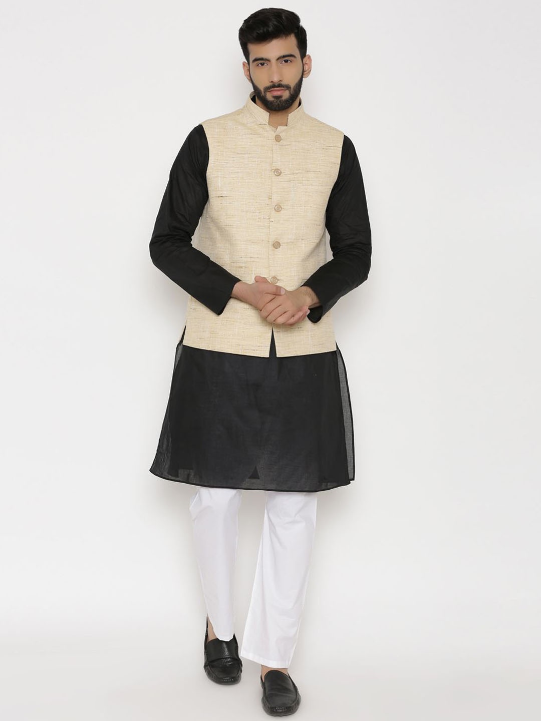 

Wintage Mandarin Collar Pure Cotton Straight Kurta with Pyjamas & Nehru Jacket, Black