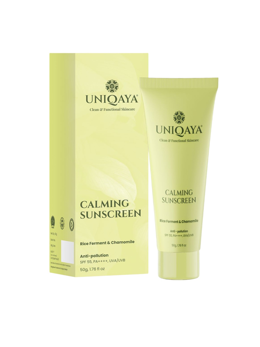 

UNIQAYA Calming No White Cast Sunscreen For Acne Prone Skin With SPF 55 PA++++ - 50 g, Transparent