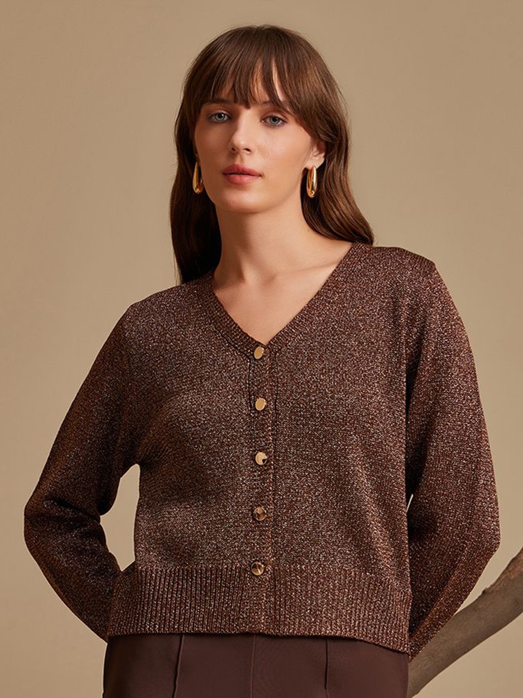 

Kazo Women V-Neck Cardigan Sweater, Brown