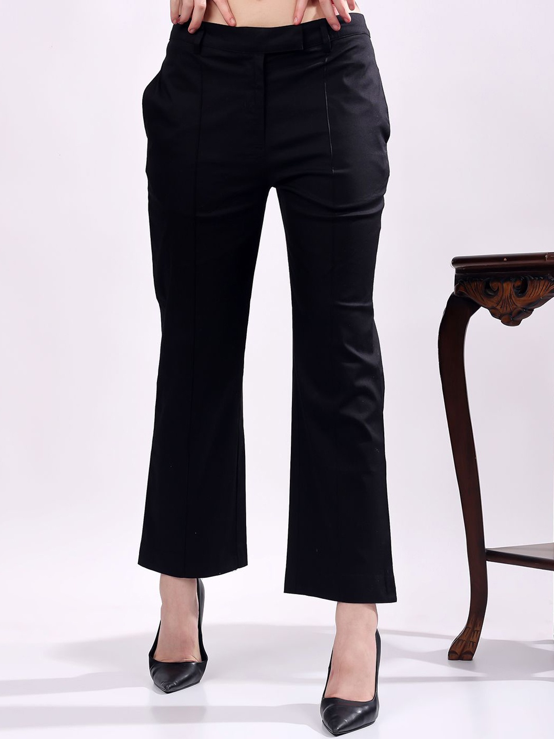 

T TRYON ULTIMATE Women Mid Rise Cotton Bootcut Trouser, Black