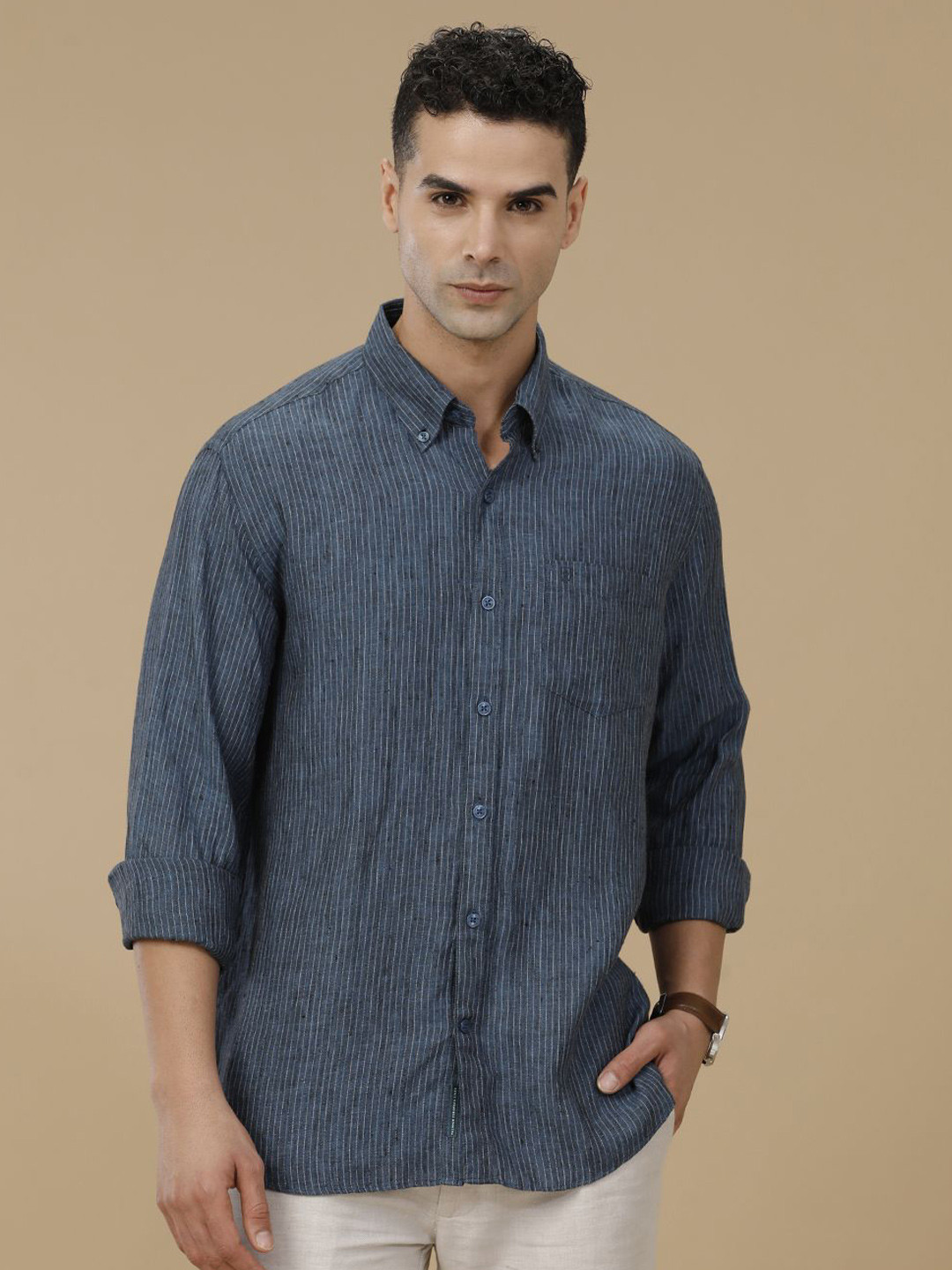 

Linen Club Contemporary Slim Fit Pinstripes Striped Button-Down Collar Linen Cotton Shirt, Blue