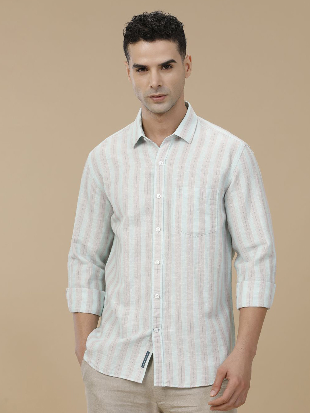 

Linen Club Contemporary Slim Fit Vertical Striped Linen Cotton Casual Shirt, Green
