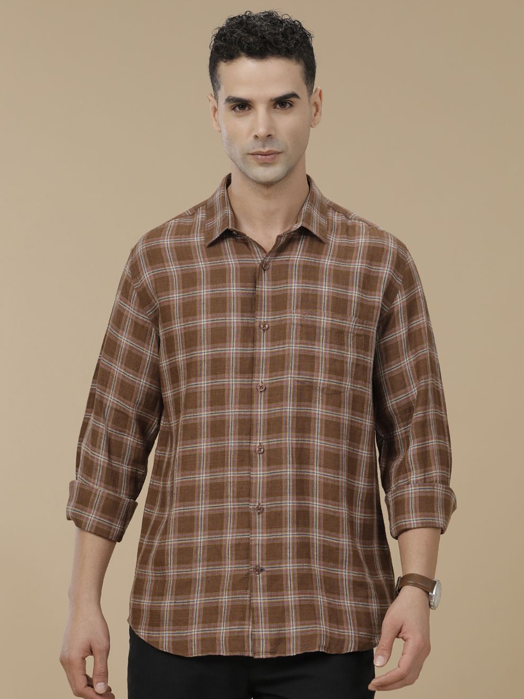 

Linen Club Contemporary Slim Fit Windowpane Checked Pure Linen Casual Shirt, Brown