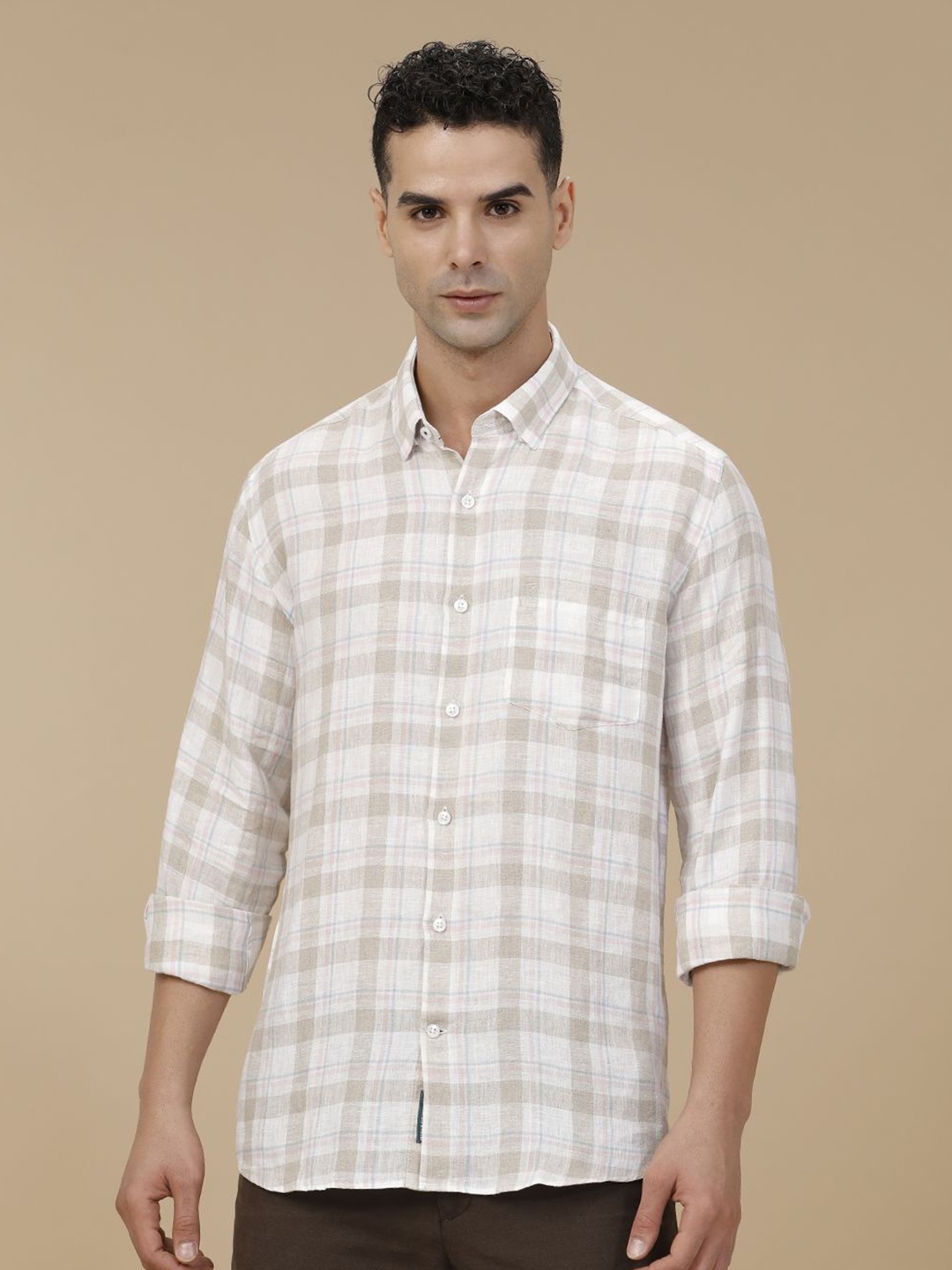 

Linen Club Contemporary Slim Fit Checked Pure Linen Casual Shirt, Beige