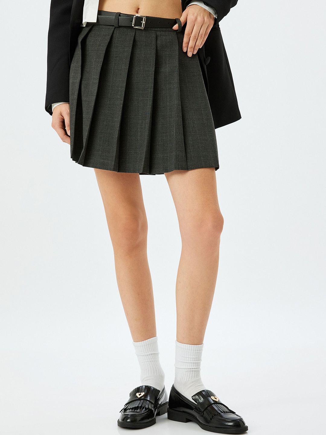 

Koton Self Design Pleated Flared Mini Skirt, Grey