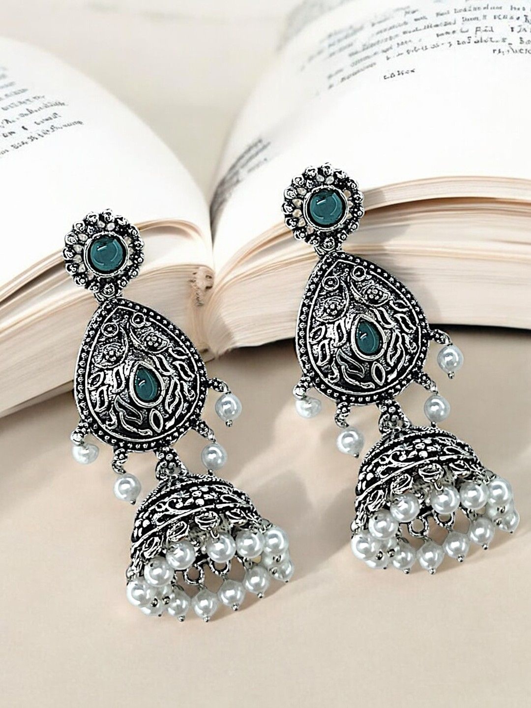 

FEMMIBELLA Silver-Plated Stone Studded & Beaded Oxidised Oval Drop Earrings