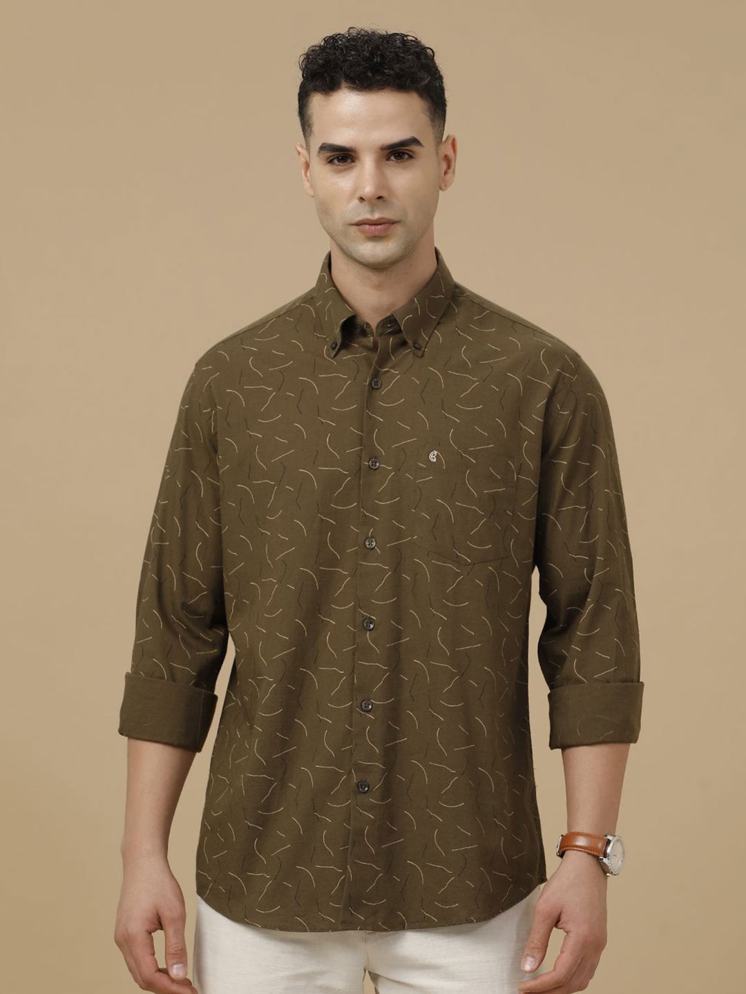 

CAVALLO by Linen Club Contemporary Slim Fit Geometric Printed Button-Down Collar Shirt, Olive