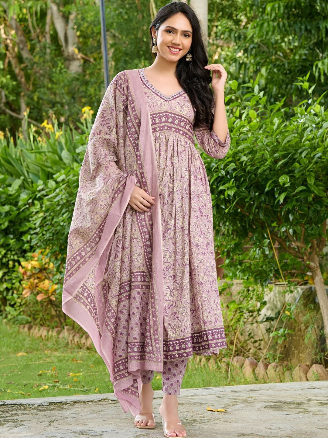 

PRETTY PALLU Floral Printed Pure Cotton Anarkali Kurta with Trousers & Dupatta, Beige