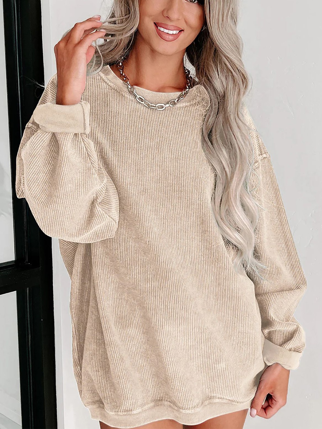 

StyleCast x Revolte Women Round Neck Pullover Sweatshirt, Beige