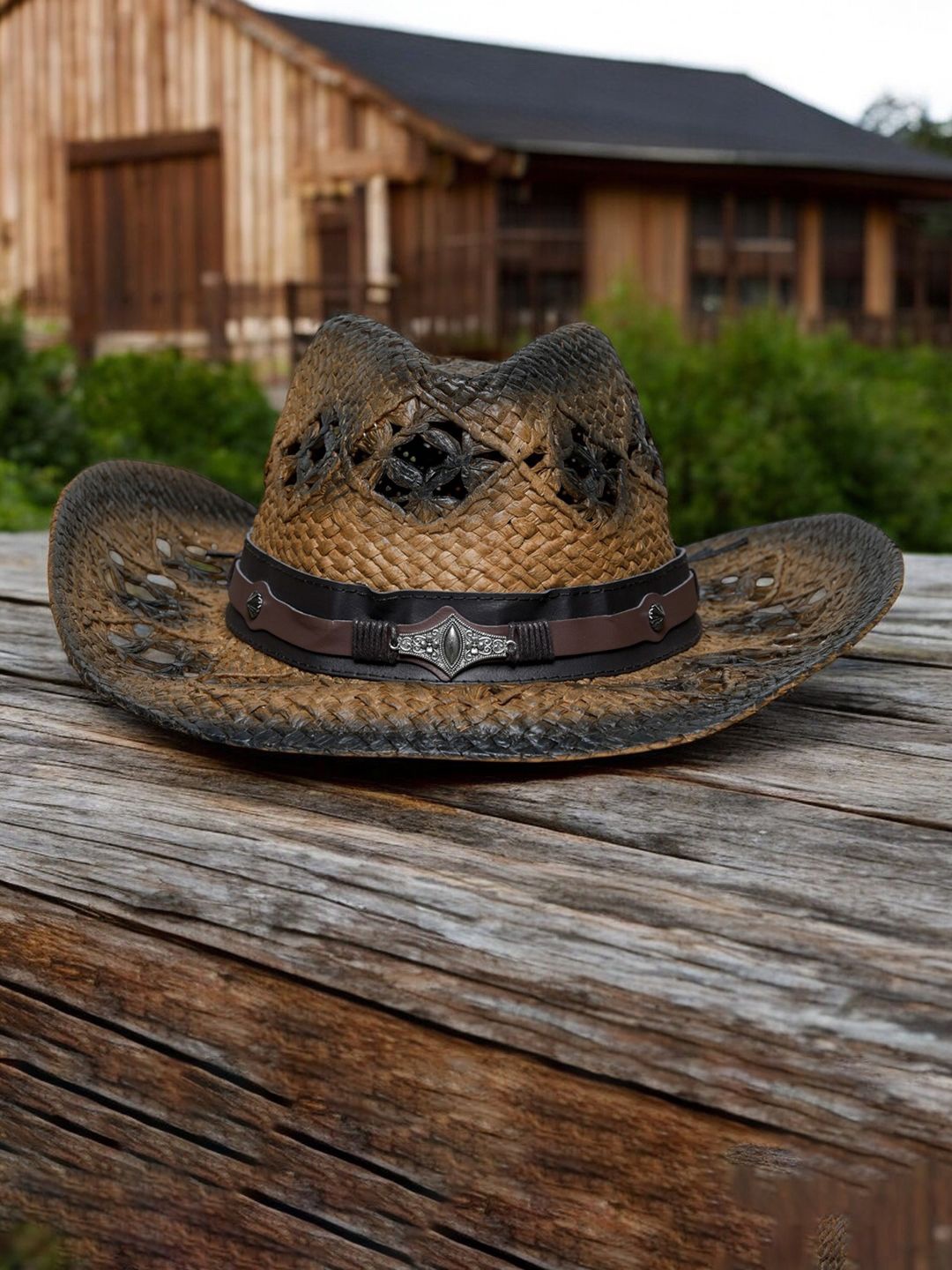 

CHOKORE Unisex Self Design Rustic Straw Cowboy Trilby Hat, Brown